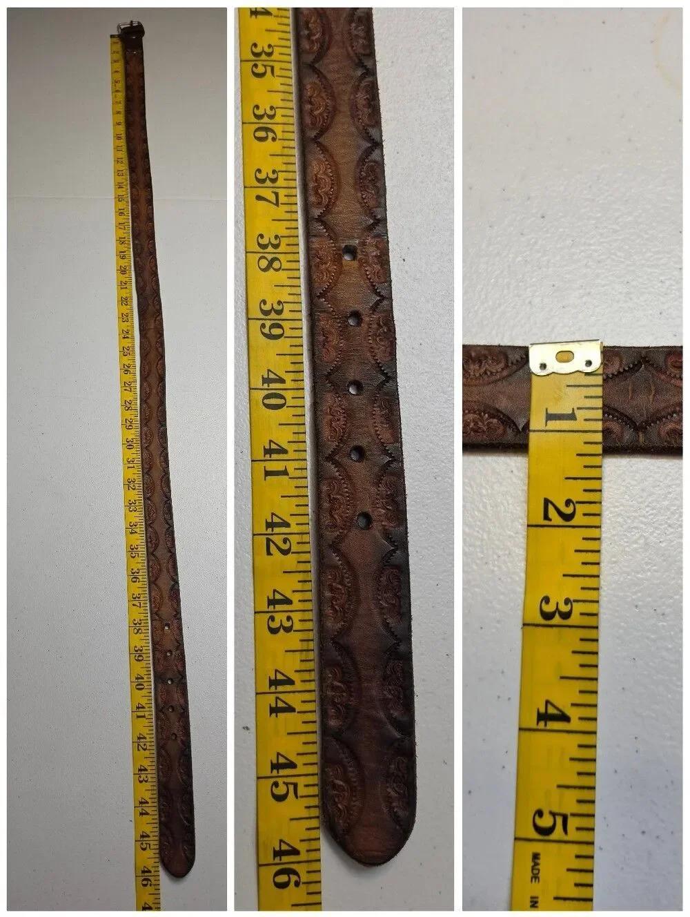 Vintage Tooled Brown Leather Belt with Silver Buckle VERY WORN